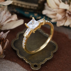 Classic Princess Cut Moissanite Promise Ring Side Stone Bridal Ring