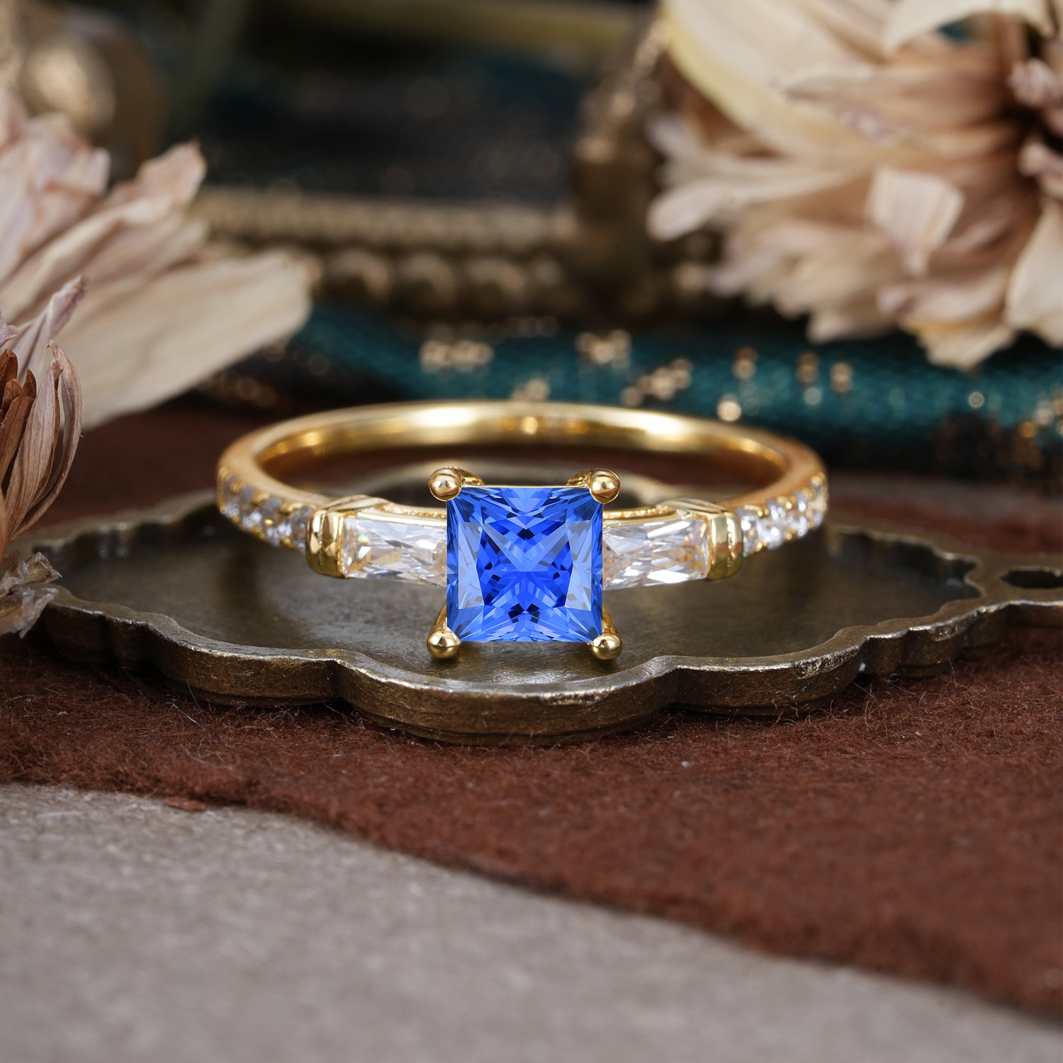 Classic Princess Cut Sapphire Promise Ring Side Stone Engagement Ring