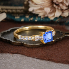 Classic Princess Cut Sapphire Promise Ring Side Stone Bridal Ring