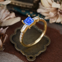 Classic Princess Cut Sapphire Promise Ring Side Stone Bridal Ring