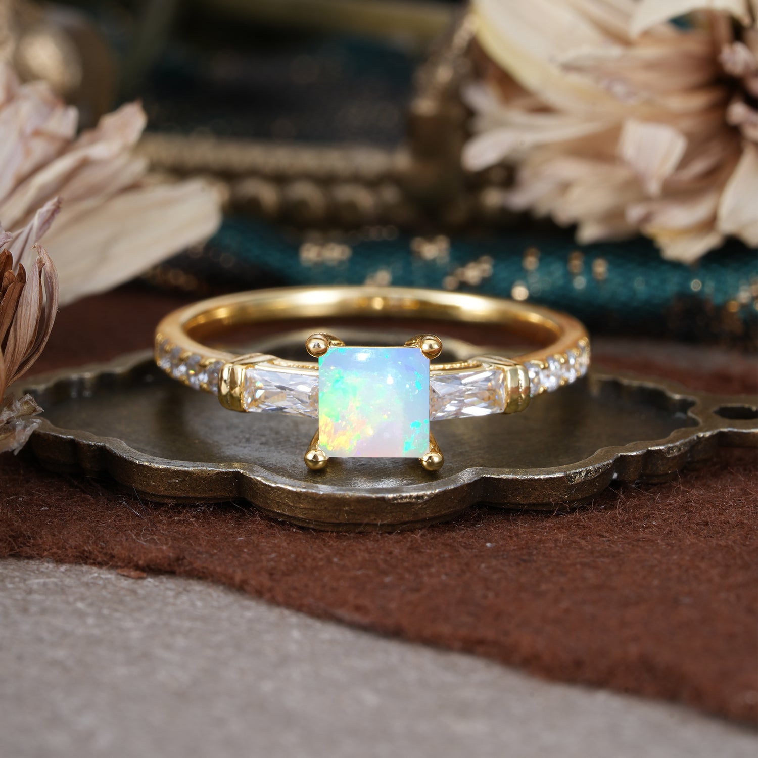 Classic Princess Cut Opal Promise Ring Side Stone Engagement Ring