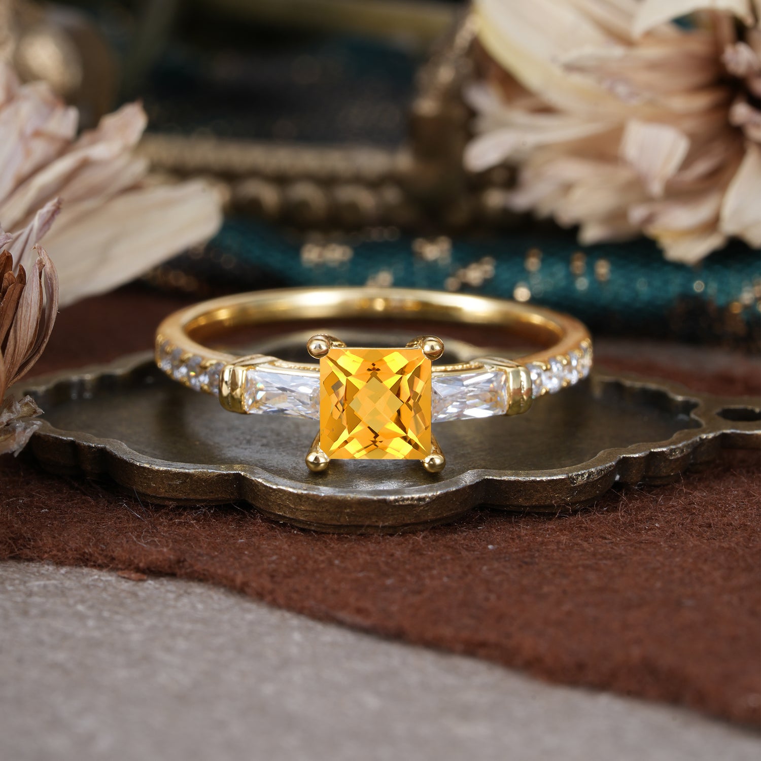 Classic Princess Cut Citrine Promise Ring Side Stone Engagement Ring
