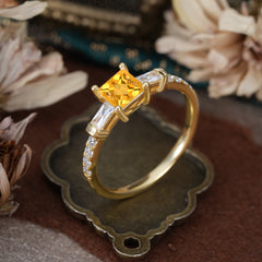 Classic Princess Cut Citrine Promise Ring Side Stone Bridal Ring