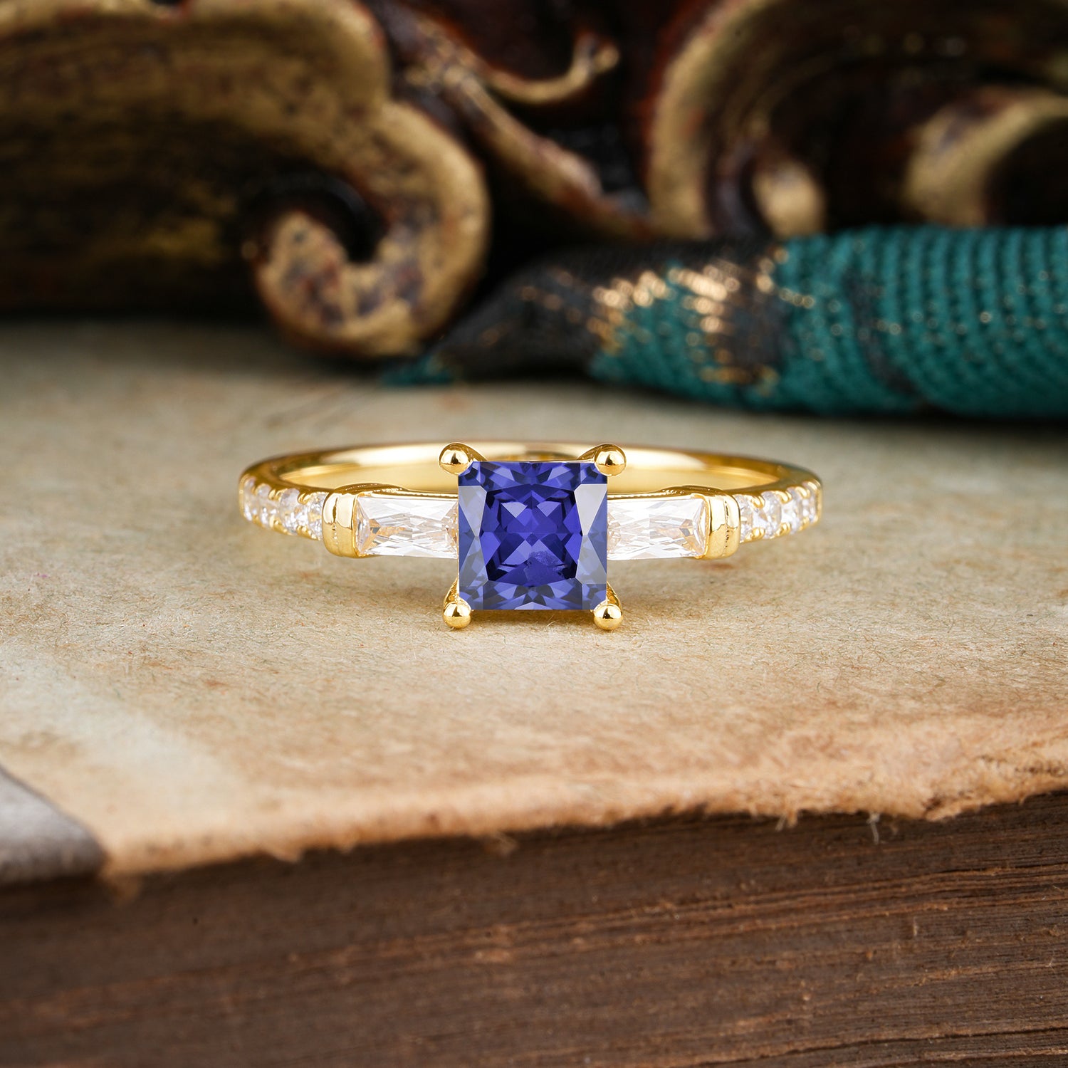 Classic Princess Cut Tanzanite Promise Ring Side Stone Engagement Ring