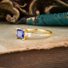Classic Princess Cut Tanzanite Promise Ring Side Stone Bridal Ring