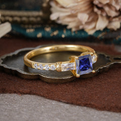 Classic Princess Cut Tanzanite Promise Ring Side Stone Bridal Ring