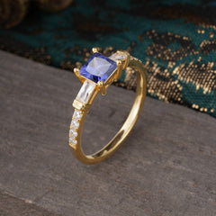 Classic Princess Cut Tanzanite Promise Ring Side Stone Bridal Ring