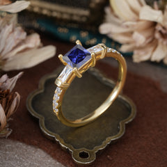 Classic Princess Cut Tanzanite Promise Ring Side Stone Bridal Ring