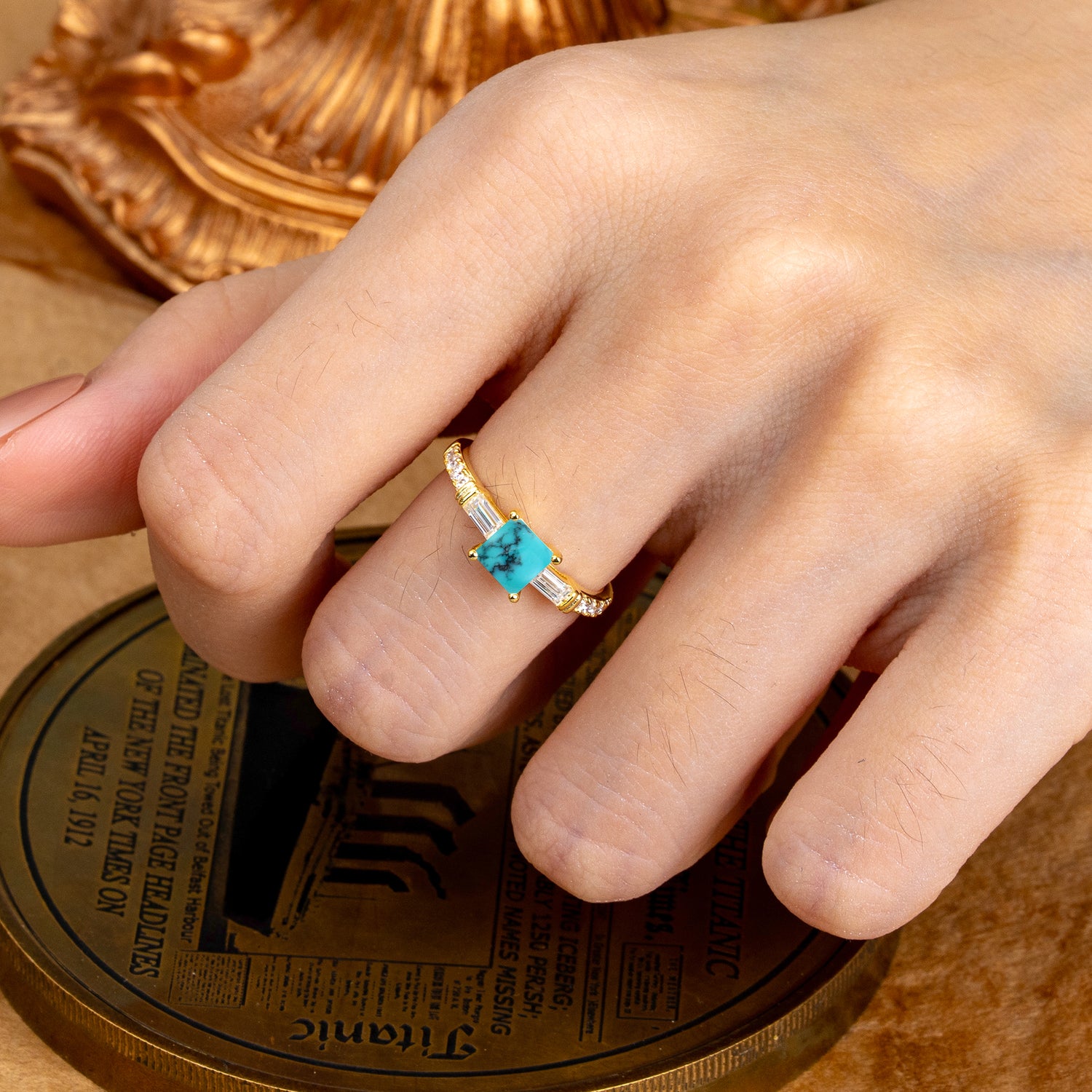 Classic Princess Cut Turquoise Promise Ring Side Stone Engagement Ring