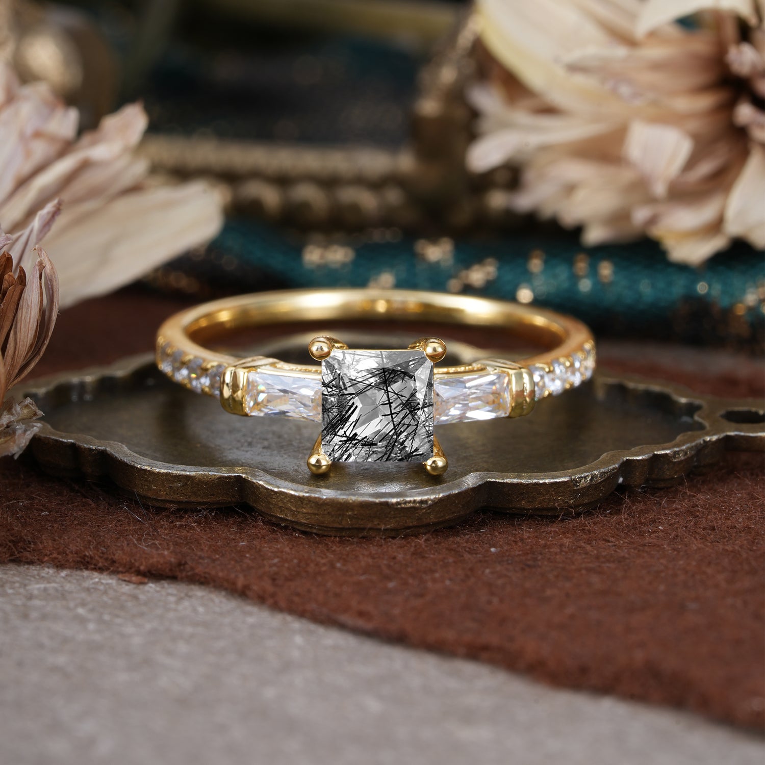 Classic Princess Cut Black Rutilated Quartz Promise Ring Side Stone Engagement Ring