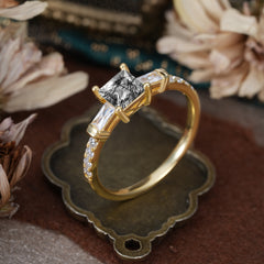 Classic Princess Cut Black Rutilated Quartz Promise Ring Side Stone Bridal Ring