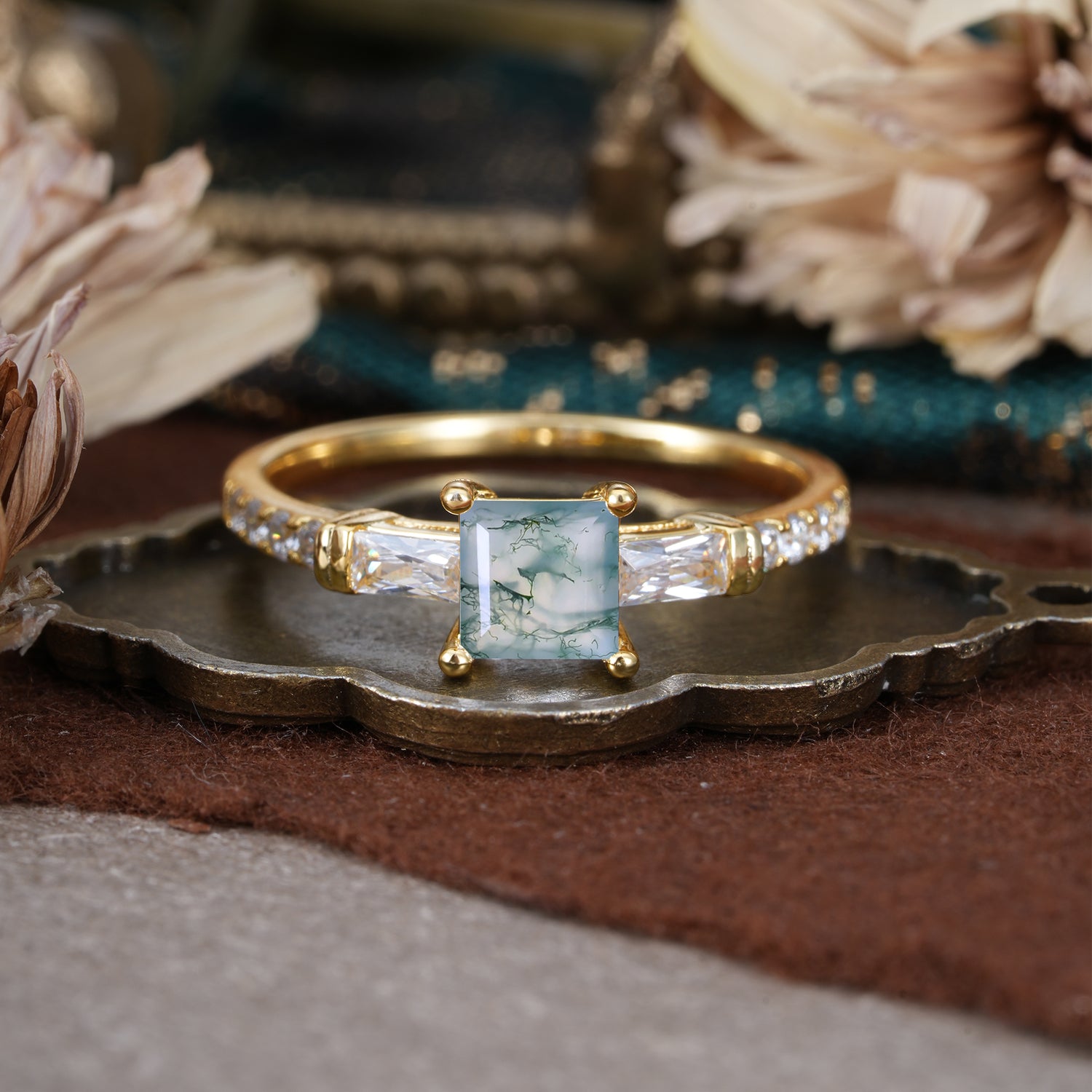 Classic Princess Cut Moss Agate Promise Ring Side Stone Engagement Ring