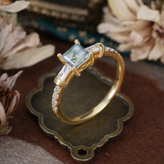 Classic Princess Cut Moss Agate Promise Ring Side Stone Bridal Ring