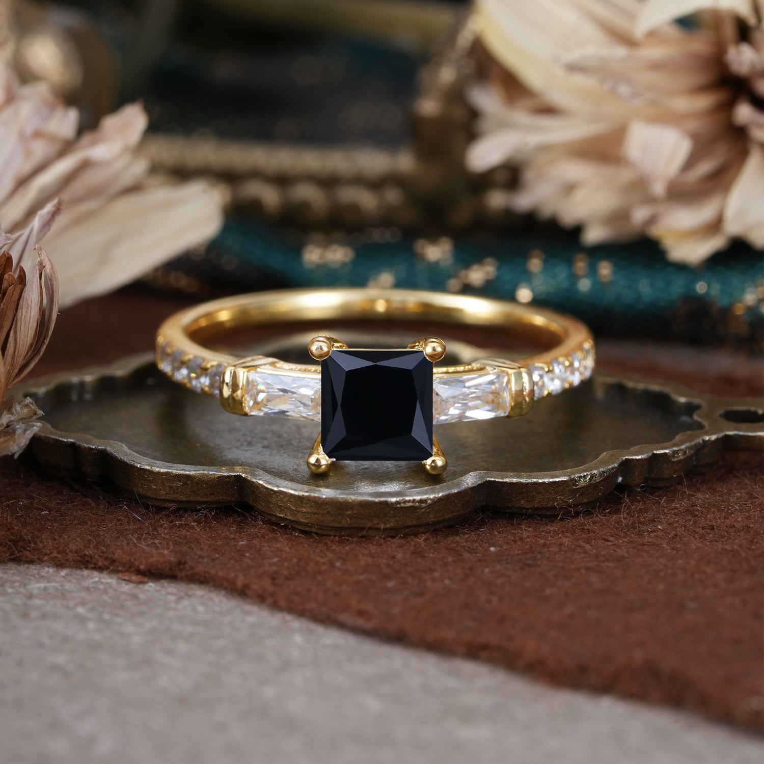 Classic Princess Cut Black Onyx Promise Ring Side Stone Engagement Ring