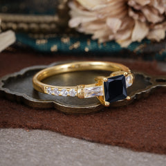 Classic Princess Cut Black Onyx Promise Ring Side Stone Bridal Ring