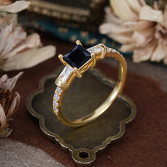 Classic Princess Cut Black Onyx Promise Ring Side Stone Bridal Ring
