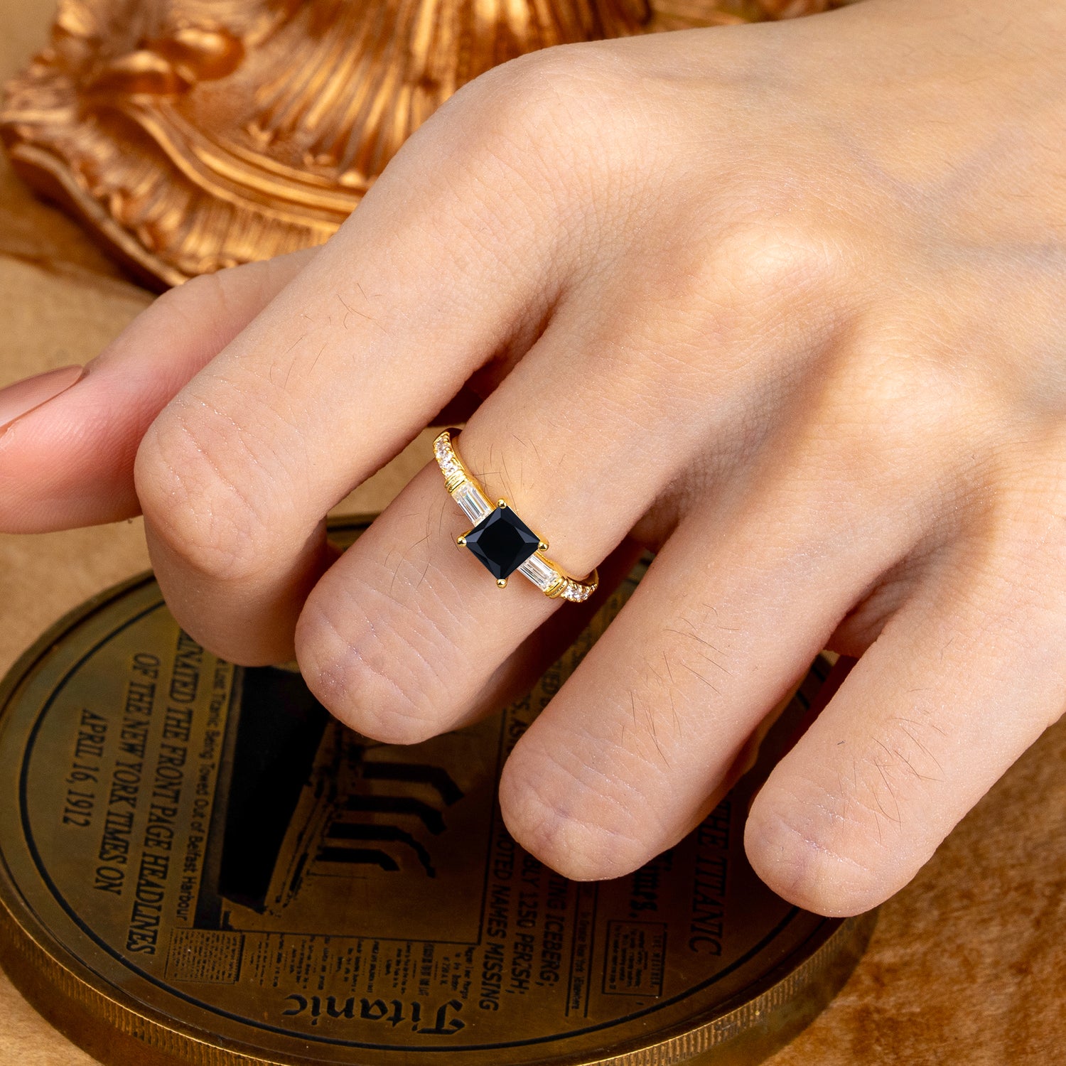 Classic Princess Cut Black Onyx Promise Ring Side Stone Engagement Ring