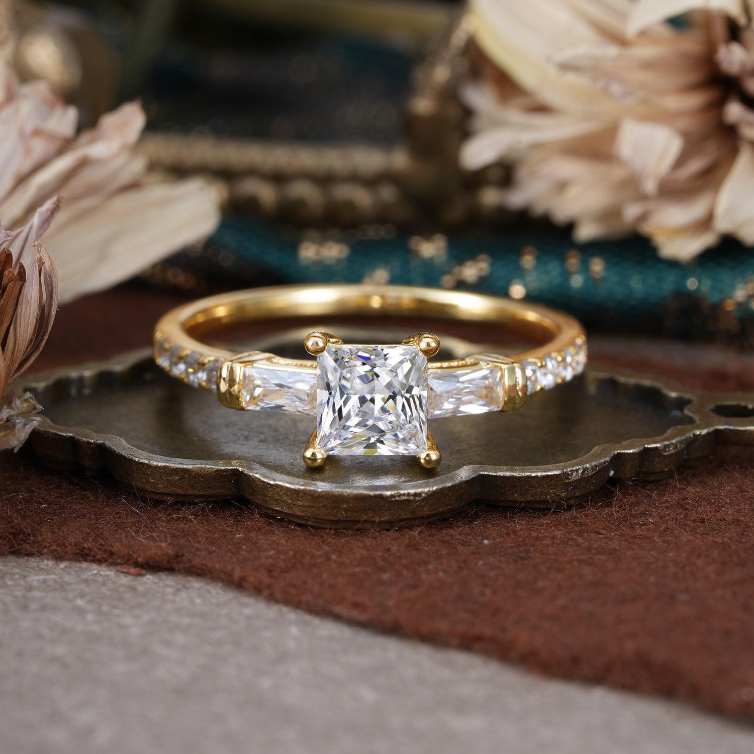 Classic Princess Cut Lab Diamond Promise Ring Side Stone Engagement Ring
