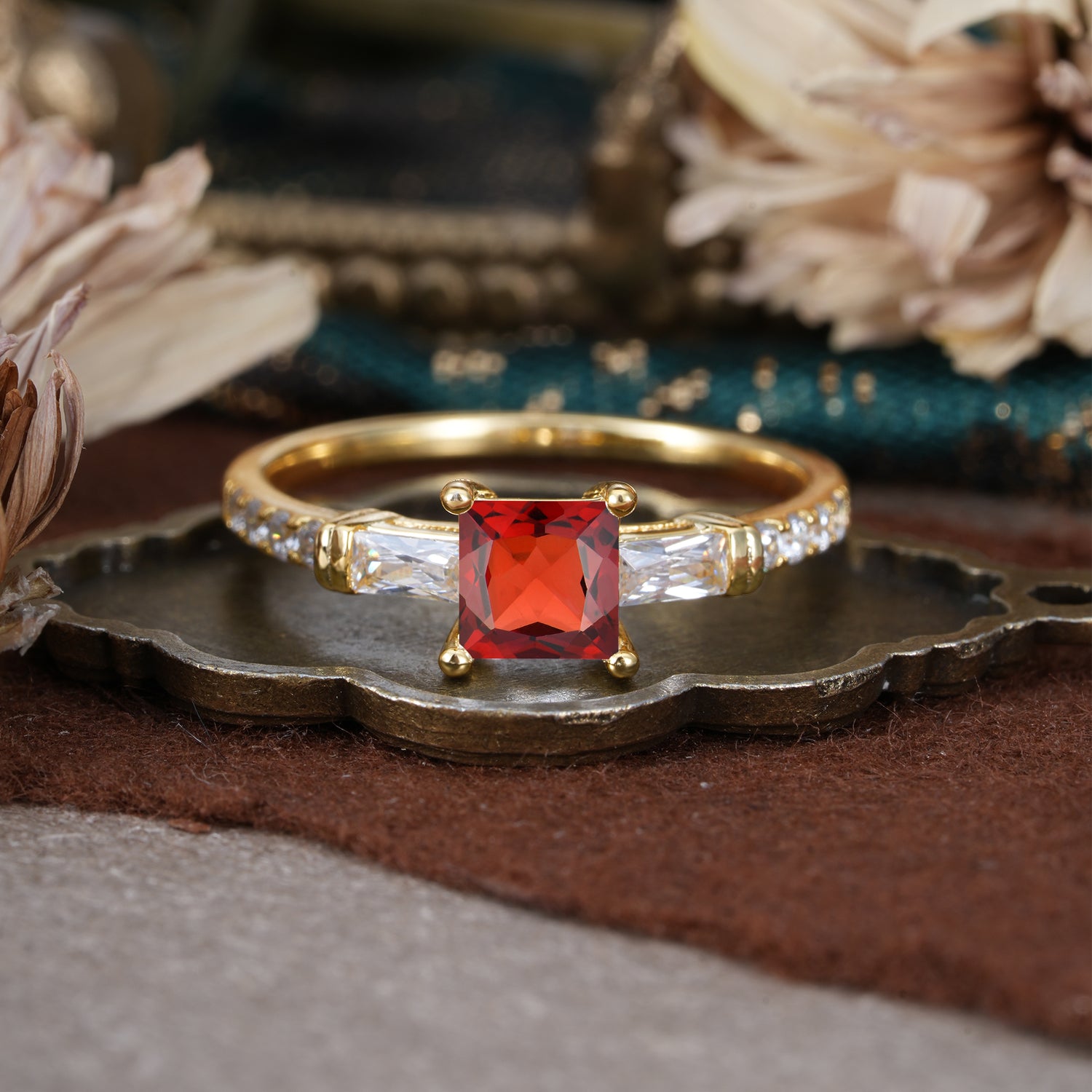 Classic Princess Cut Garnet Promise Ring Side Stone Engagement Ring