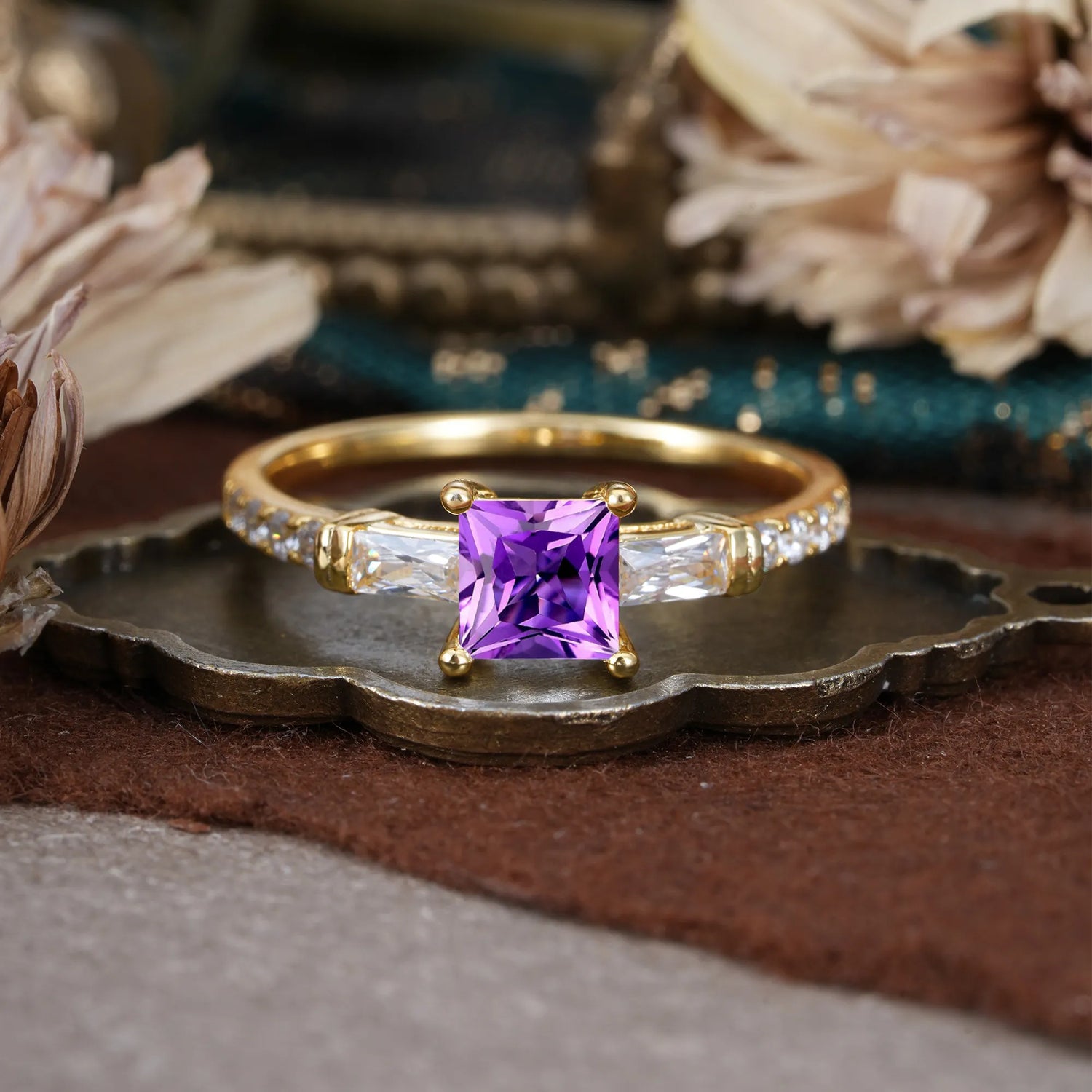 Classic Princess Cut Amethyst Promise Ring Side Stone Engagement Ring