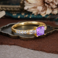 Classic Princess Cut Amethyst Promise Ring Side Stone Bridal Ring