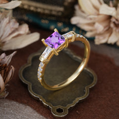 Classic Princess Cut Amethyst Promise Ring Side Stone Bridal Ring