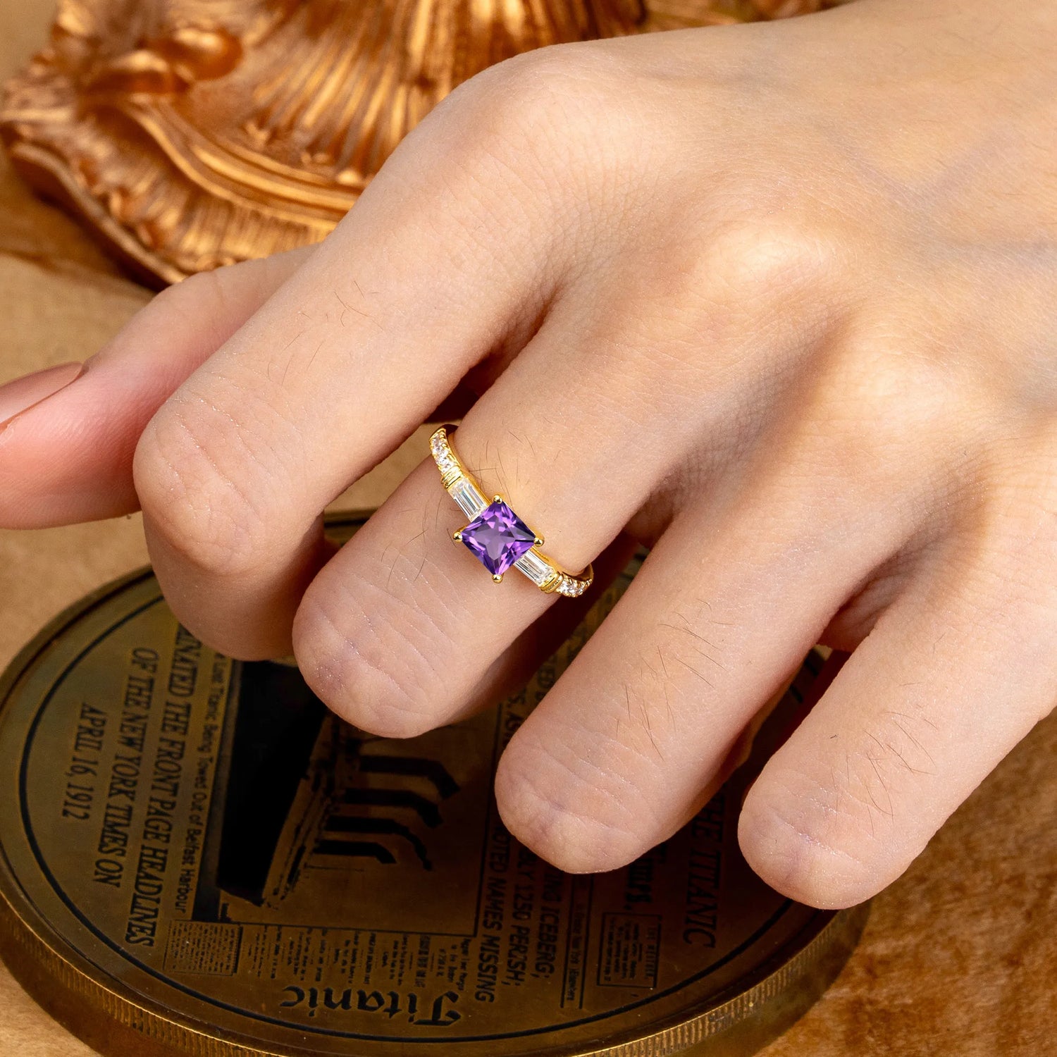 Classic Princess Cut Amethyst Promise Ring Side Stone Engagement Ring