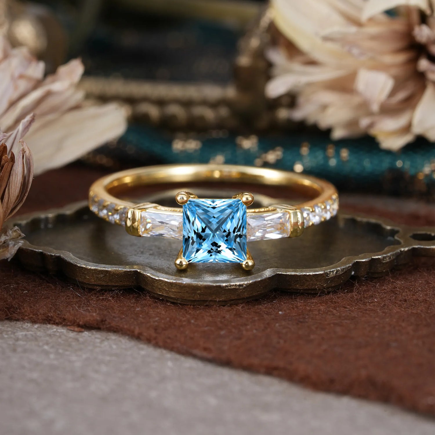 Classic Princess Cut Aquamarine Promise Ring Side Stone Engagement Ring