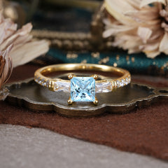 Classic Princess Cut Aquamarine Promise Ring Side Stone Bridal Ring