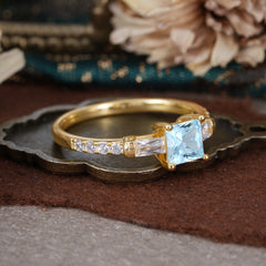 Classic Princess Cut Aquamarine Promise Ring Side Stone Bridal Ring
