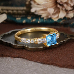 Classic Princess Cut Aquamarine Promise Ring Side Stone Bridal Ring