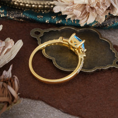 Classic Princess Cut Aquamarine Promise Ring Side Stone Bridal Ring