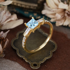 Classic Princess Cut Aquamarine Promise Ring Side Stone Bridal Ring