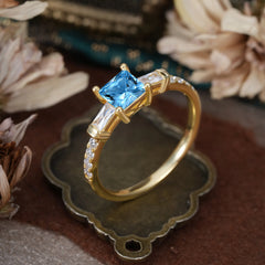 Classic Princess Cut Aquamarine Promise Ring Side Stone Bridal Ring