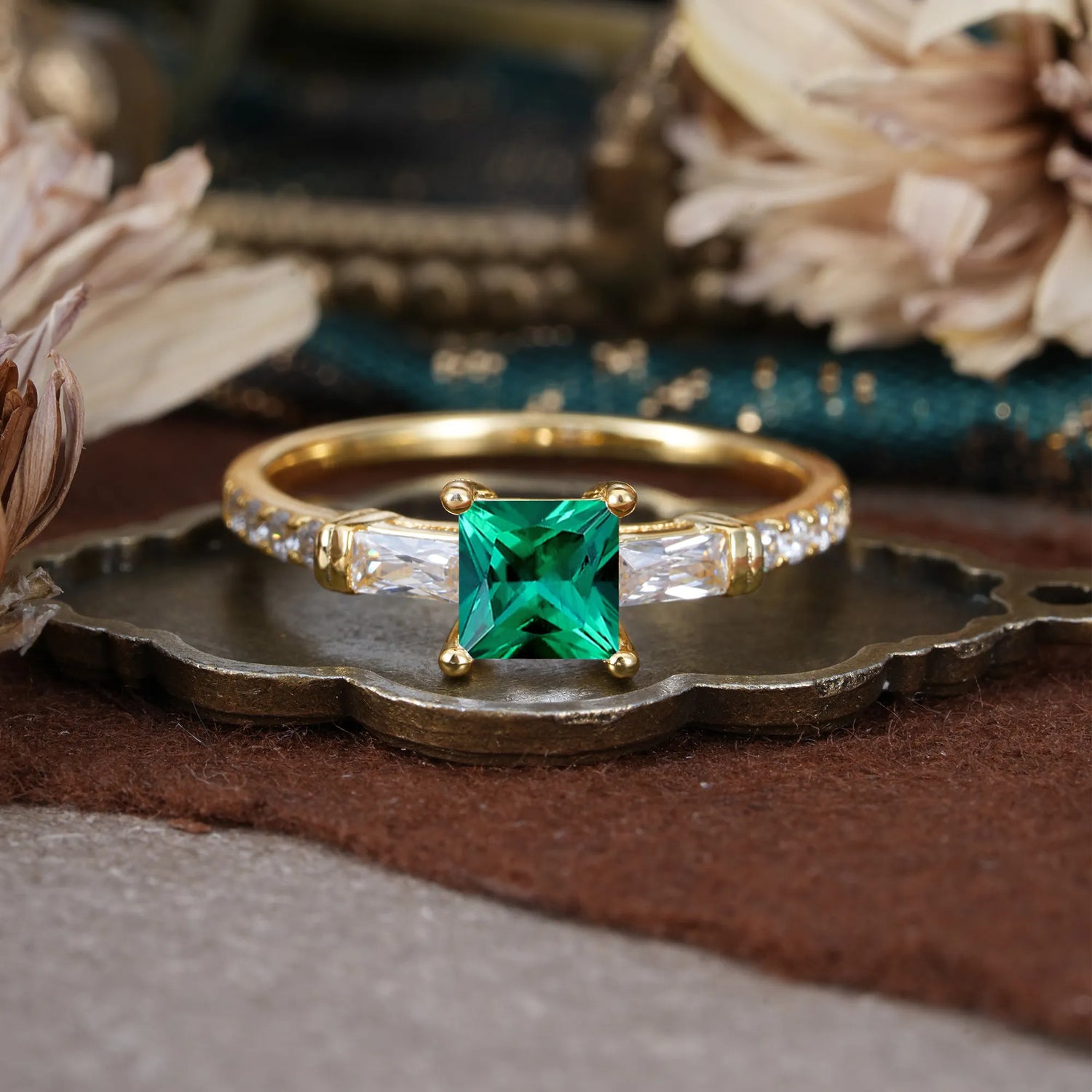 Classic Princess Cut Emerald Promise Ring Side Stone Bridal Ring