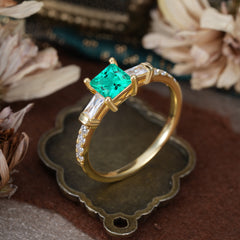 Classic Princess Cut Emerald Promise Ring Side Stone Bridal Ring