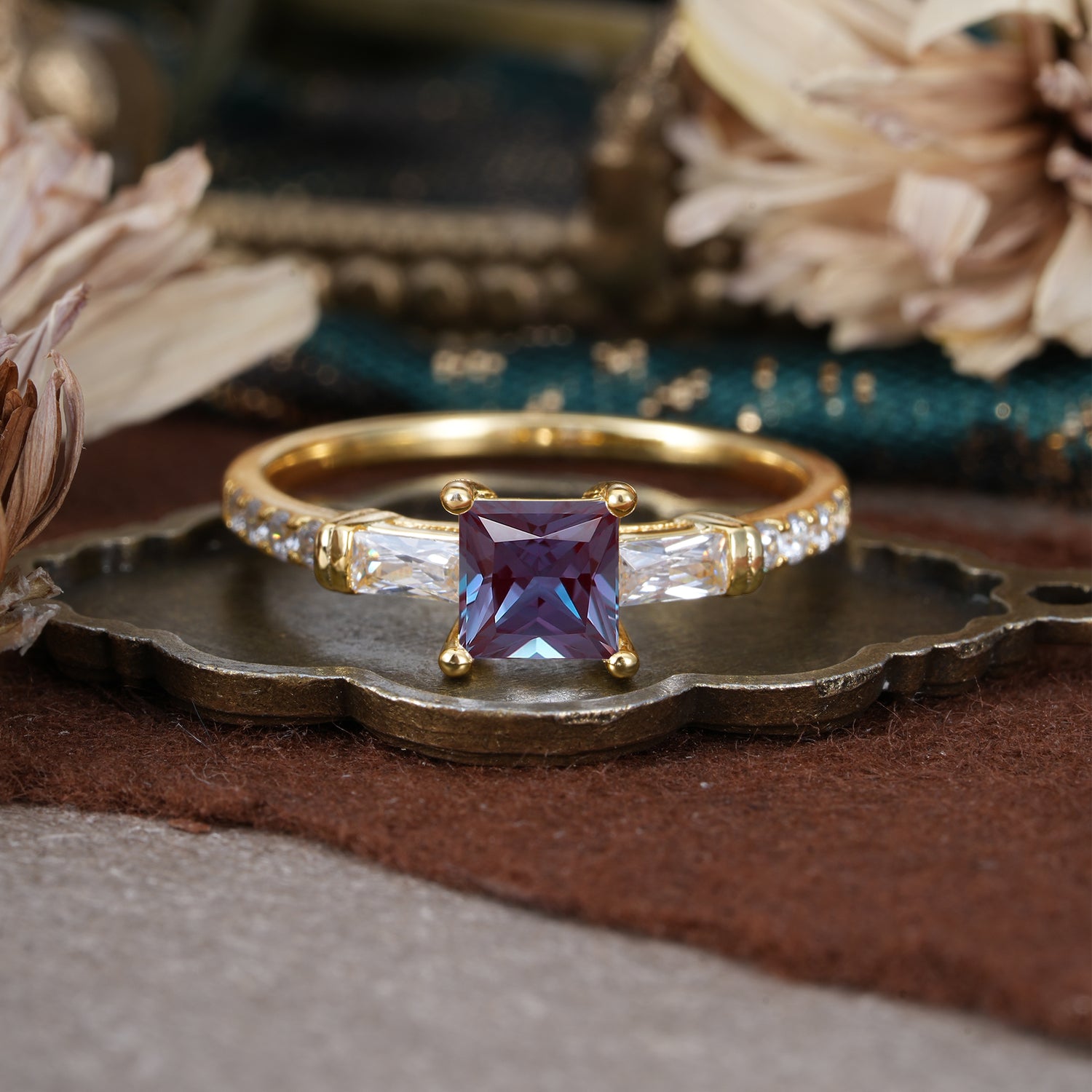 Classic Princess Cut Alexandrite Promise Ring Side Stone Bridal Ring