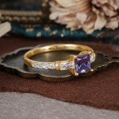 Classic Princess Cut Alexandrite Promise Ring Side Stone Bridal Ring