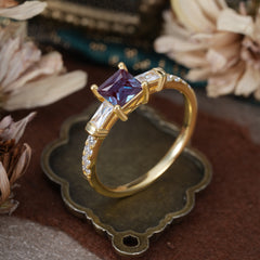 Classic Princess Cut Alexandrite Promise Ring Side Stone Bridal Ring