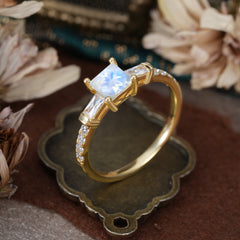 Classic Princess Cut Natural Moonstone Promise Ring Side Stone Bridal Ring