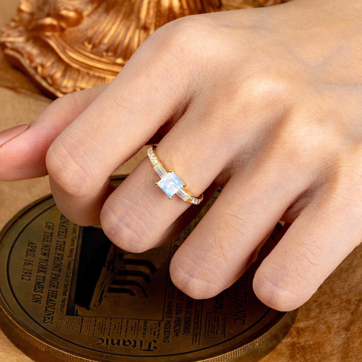 Classic Princess Cut Natural Moonstone Promise Ring Side Stone Engagement Ring