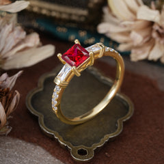 Classic Princess Cut Ruby Promise Ring Side Stone Bridal Ring