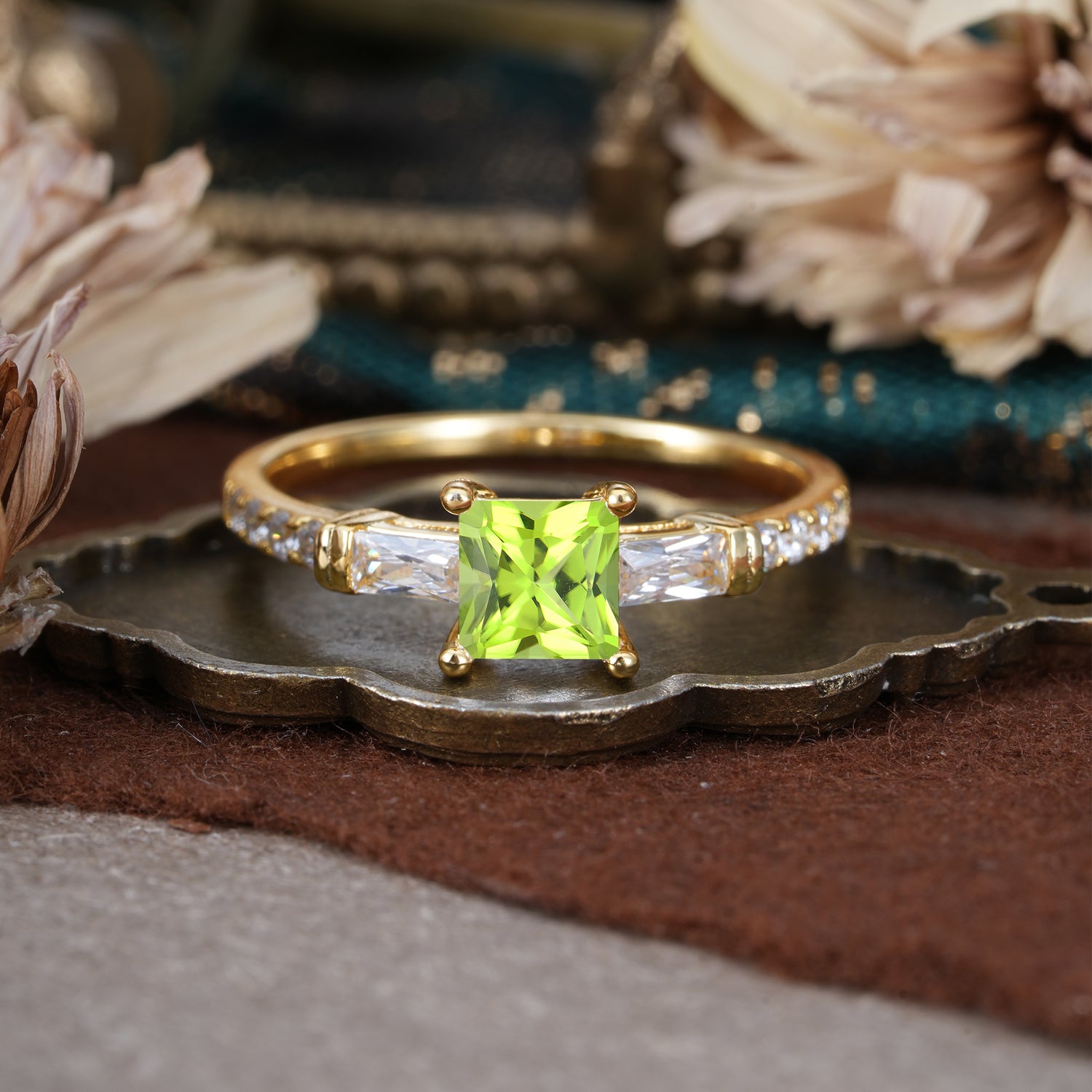 Classic Princess Cut Peridot Promise Ring Side Stone Engagement Ring