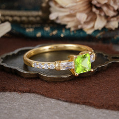 Classic Princess Cut Peridot Promise Ring Side Stone Bridal Ring