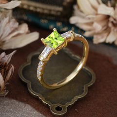 Classic Princess Cut Peridot Promise Ring Side Stone Bridal Ring