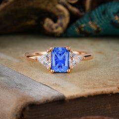 1CT Emerald Cut 4 Prong Sapphire Three Stone Engagement Ring