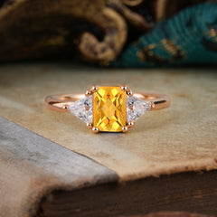 1CT Emerald Cut Citrine Three Stone Engagement Ring