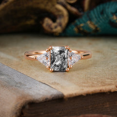 1CT Emerald Cut 4 Prong Black Rutilated Quartz Three Stone Engagement Ring