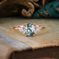 1CT Emerald Cut Moss Agate Three Stone Engagement Ring