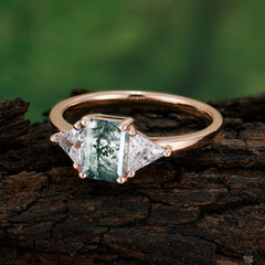 1CT Emerald Cut Moss Agate Three Stone Engagement Ring